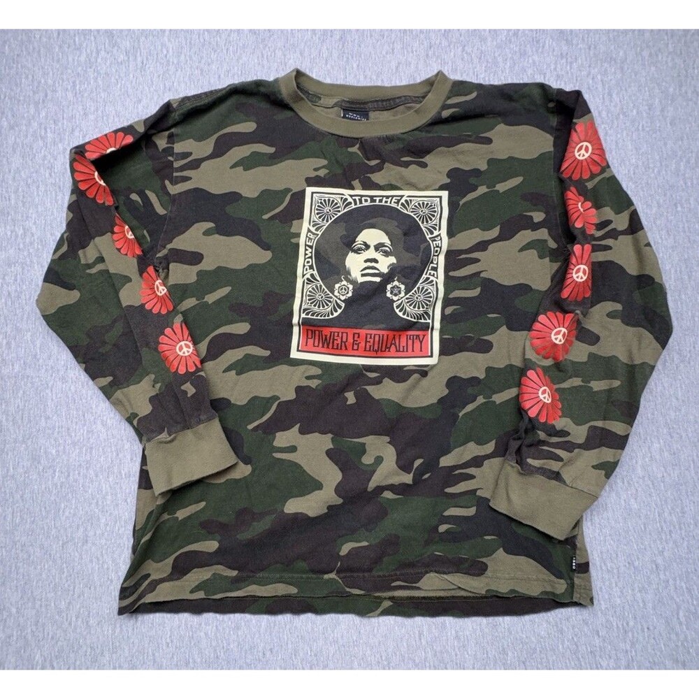 Obey Power Equality Camo Long Sleeve T Shirt Women's SIZE SMALL front Graphic
